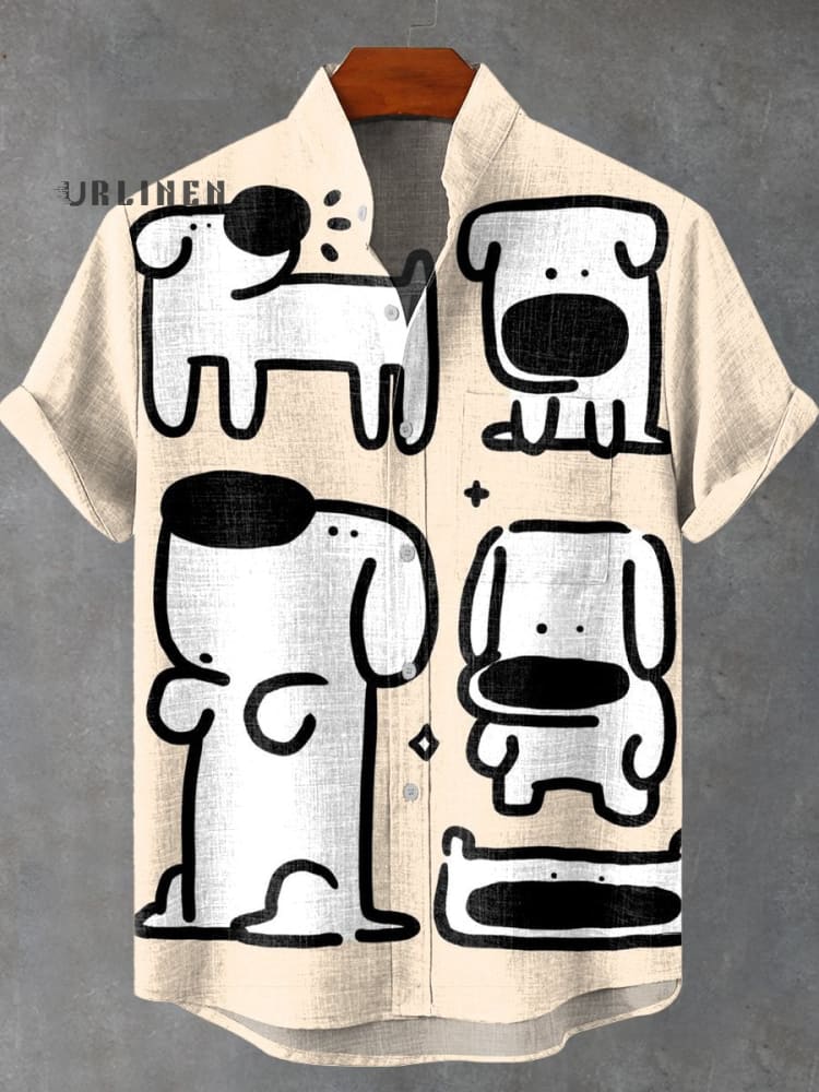 Simple White Cartoon Puppy Vintage Print Casual 100% Cotton Shirt– urlinen
